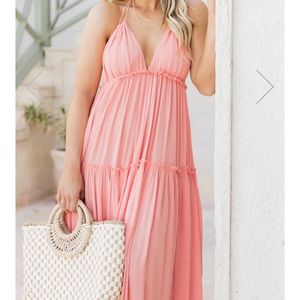 Pink lily daybreak skyline coral halter maxi dress